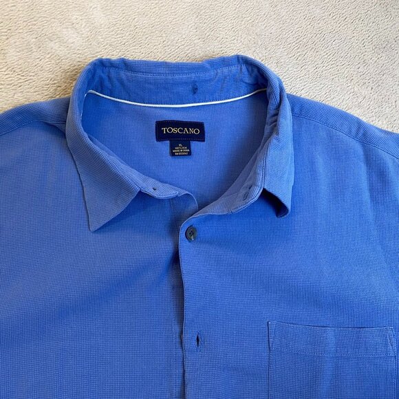 Toscano Mens Shirt XL Blue 100% Silk Short-Sleeve Button-Up - Picture 8 of 12